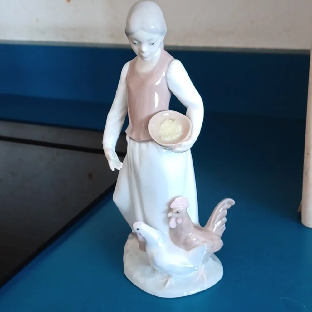 Vintage Grafenthal Girl Feeding Rooster Figurine, porcelain
